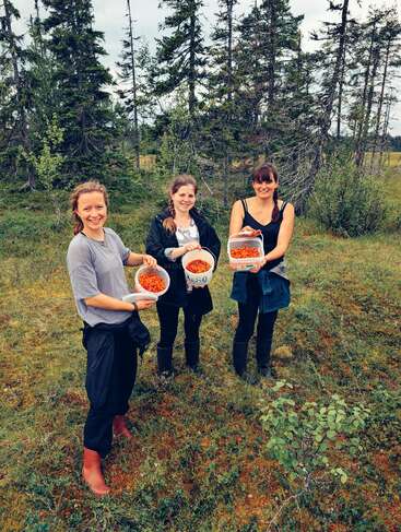 Drei lächelnde Frauen stehen auf einer Waldlichtung und halten Behälter mit frisch gepflückten Beeren in der Hand. Im Hintergrund sind hohe, immergrüne Bäume und saftig grünes Gras zu sehen.