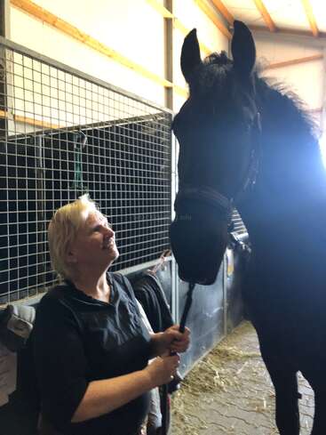 Una mujer sonriente está de pie en un establo, sujetando la rienda de un gran caballo negro. La luz entra a raudales y el suelo está cubierto de heno.