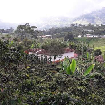 The image depicts a serene rural landscape with a white house nestled among lush greenery, set against a backdrop of rolling hills and distant mountains under a cloudy sky.