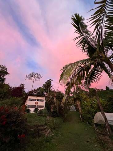 The image depicts a serene tropical scene, featuring a white building, lush greenery, and vibrant pink and blue sky, evoking a sense of peacefulness and tranquility.
