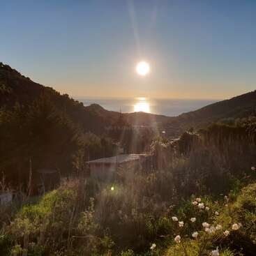 The image depicts a serene sunset over a hillside, with a grassy slope, wildflowers, and a small building in the distance, set against a clear blue sky.
