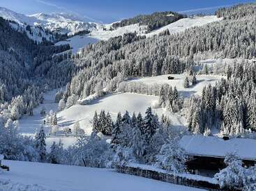 Snow-covered mountains and dense evergreen forests shine under a clear blue sky. Wooden cabins nestle in the serene winter landscape, creating a picturesque, peaceful scene.