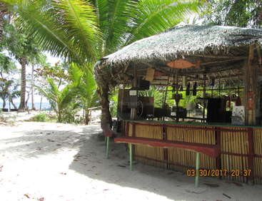 The image depicts a tropical beach bar with a thatched roof, surrounded by palm trees and a sandy beach, evoking a warm and inviting atmosphere.