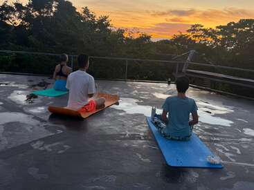 Three people sit on yoga mats, meditating outdoors at sunrise. The sky is orange and yellow, surrounded by trees, creating a peaceful, serene atmosphere.