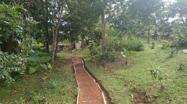A narrow dirt path winds through a lush, green garden surrounded by trees and plants, leading towards small buildings hidden among the foliage in daylight.