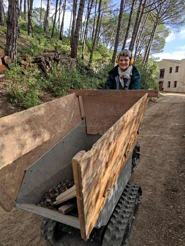 A imagem mostra uma pessoa usando equipamento de proteção, empurrando um carrinho com estrutura de madeira e laterais de metal, provavelmente trabalhando no quintal ou em uma construção em uma área arborizada.