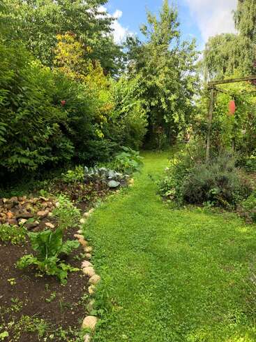 Un chemin de jardin verdoyant serpente à travers un feuillage vibrant, des plates-bandes de légumes et des plantes à fleurs sous un ciel lumineux et partiellement nuageux, créant une scène paisible et invitante.