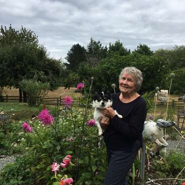 The image depicts an elderly woman standing in a garden, cradling a small dog, surrounded by vibrant flowers and lush greenery on a cloudy day.