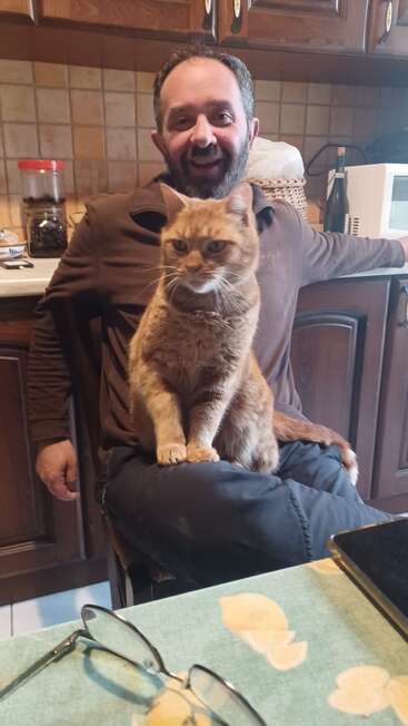Um cara sorridente está sentado numa cozinha aconchegante, vestindo um suéter marrom. Um gato laranja está sentado contente no colo dele. Óculos e tablet estão por perto.