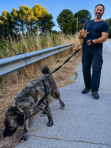 Um homem vestido com roupa de campo caminha por uma estrada rural, segurando um gato e levando um cachorro grande na coleira. Árvores e grama seca cercam os dois.