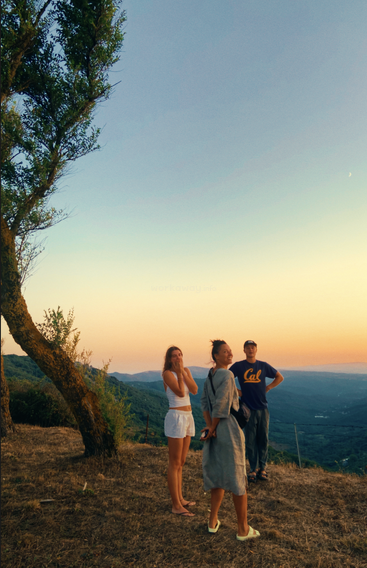 Three friends stand on a grassy hillside at sunset, enjoying the scenic mountain view. The sky glows softly, with a tree framing the peaceful moment.