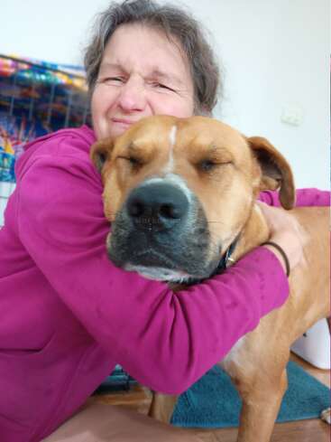 Une femme serre très fort un grand chien brun dans ses bras. Tous deux ont les yeux fermés, exprimant une joie et un amour purs. L'atmosphère est chaleureuse et affectueuse à l'intérieur.