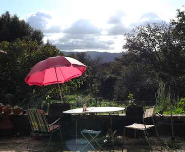 Un tranquilo patio ajardinado cuenta con una sombrilla rosa, una mesa y sillas. La zona está rodeada de una exuberante vegetación, mientras que la luz del sol y las nubes resaltan el paisaje rural.