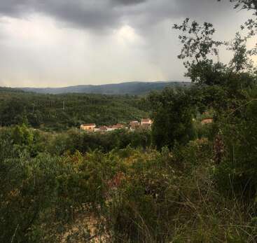 A small village with red-roofed houses nestles among dense green trees under a dark, cloudy sky, surrounded by hills and untouched natural landscape.