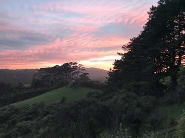 Eine atemberaubende Landschaft bei Sonnenuntergang, mit rosa und orangefarbenen Wolken, die den Himmel erleuchten. Hohe Bäume umrahmen die sanften grünen Hügel und schaffen eine ruhige und gelassene Szene.