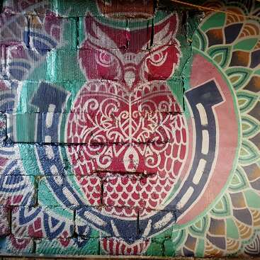 Dieses Bild zeigt coole Street-Art auf einer Backsteinmauer mit einer stylischen Eule mit komplizierten Mustern, umgeben von bunten mandalaähnlichen geometrischen Designs. Auffällig und lebendig.