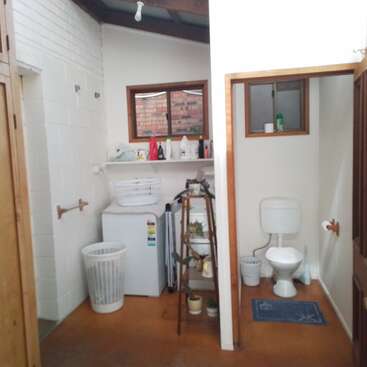Cette image montre une buanderie et une salle de bain combinées avec des toilettes, une machine à laver, un panier à linge, des étagères avec des produits d'entretien, des plantes et de petites fenêtres.
