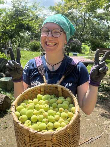 A cheerful woman with glasses and a green bandana smiles, holding a large basket of green fruits. She flashes peace signs, enjoying a sunny day outdoors.