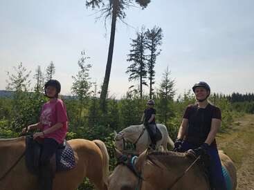 A imagem mostra três pessoas montando cavalos em uma área arborizada, com os cavaleiros usando capacetes e os cavalos adornados com selas e freios.