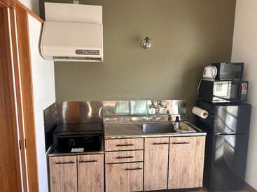 This image shows a compact kitchen with wooden cabinets, a stainless steel sink, black fridge, microwave, kettle, stove, exhaust fan, and light green walls.