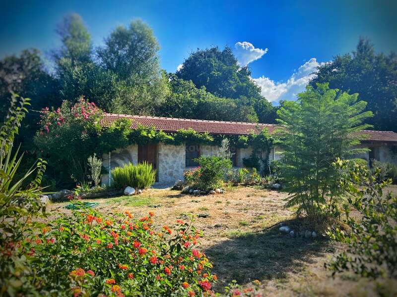 The image depicts a charming stone house with a brown tiled roof, surrounded by lush greenery and vibrant flowers, set against a serene blue sky.