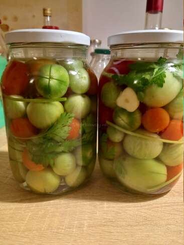 The image shows two glass jars filled with pickled tomatoes, green tomatoes, and herbs on a wooden surface, with other jars in the background.