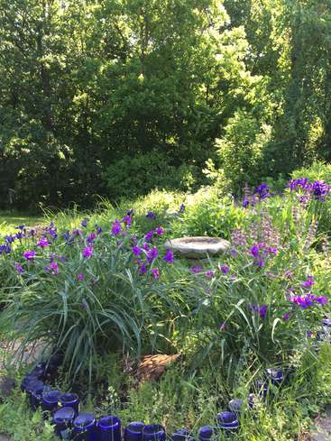 The image depicts a serene garden scene, featuring a stone birdbath, vibrant purple flowers, and lush greenery, with a backdrop of trees and a sunny atmosphere.