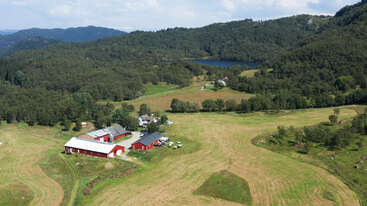Dieses Bild zeigt eine friedliche ländliche Landschaft mit roten Scheunen und Häusern, umgeben von grünen Feldern, Hügeln, dichtem Wald und einem kleinen See im Hintergrund.