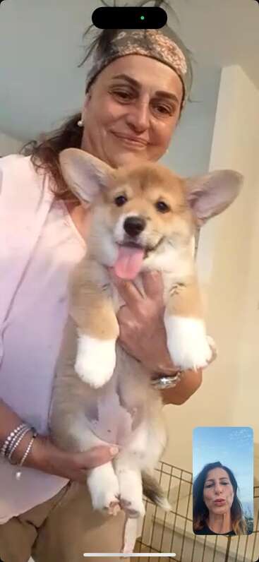 A smiling woman holds an adorable fluffy puppy with big ears. They’re on a video call with another woman, who appears in a small window, smiling.