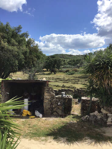 A imagem mostra um galpão rústico de pedra com telhado de metal corrugado, situado em um ambiente rural cercado por árvores, grama e um céu azul com nuvens brancas.