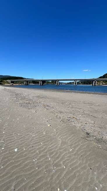 A sandy beach with scattered shells leads to a calm river. A bridge spans the water under a clear, bright blue sky, surrounded by greenery.