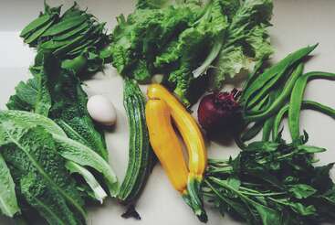 The image features a vibrant arrangement of fresh vegetables, including leafy greens, zucchini, squash, and an onion, artfully arranged on a light-colored surface.