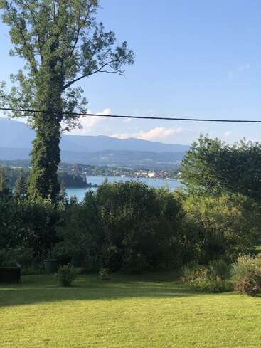 Eine ruhige Landschaft mit einem großen Baum, grünem Rasen, dichten Büschen, einem glitzernden See, einer entfernten Stadt und Bergen unter einem klaren blauen Himmel. Ein friedlicher Sommertag.