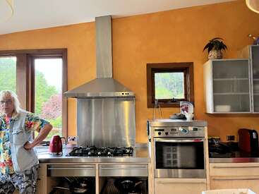 Uma cozinha moderna com paredes laranja, aparelhos de aço inoxidável e um exaustor. Uma pessoa com uma camisa colorida está à esquerda, perto de grandes janelas.