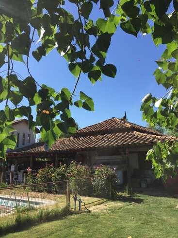 A imagem retrata uma cena serena de quintal com uma casa, piscina e vegetação exuberante, em um céu azul claro em um dia ensolarado.