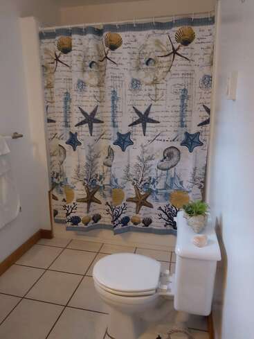 L'image montre une salle de bains avec des toilettes blanches, un rideau de douche avec des motifs sur le thème de l'océan et des carreaux beiges au sol, dégageant une atmosphère propre et sereine.