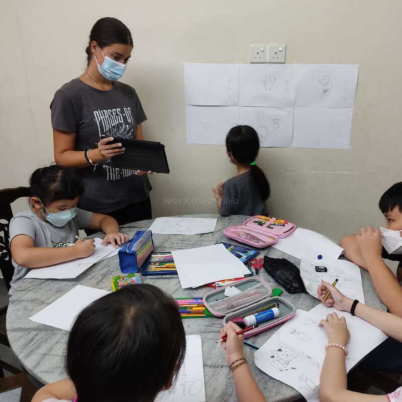 Un profesor y unos niños pequeños, todos con mascarillas, participan en una actividad artística en una mesa, dibujando con lápices, rodeados de material de papelería de colores y bocetos.