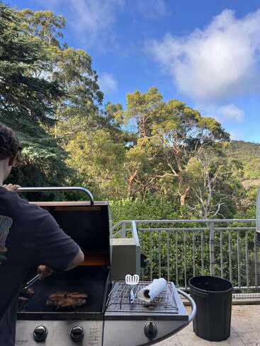 A person grills meat outdoors on a barbecue. Lush, green trees surround the area, and the sky is blue with fluffy white clouds above.