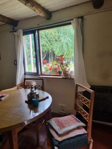 Una acogedora habitación con una mesa redonda de madera, sillas, cojines y un hervidor de agua. Ventana abierta con cortinas blancas, plantas en macetas en el alféizar, frondosa vista exterior.