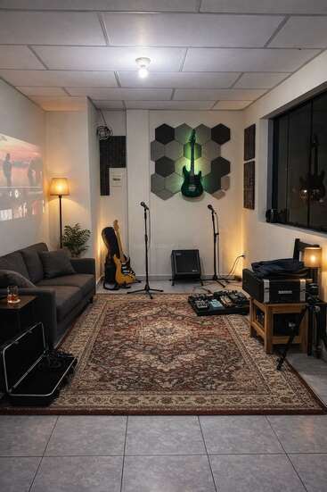 Un studio de musique chaleureux, équipé d'un canapé, d'un tapis vintage, de guitares, de microphones, d'amplis, de pédaliers, d'un éclairage tamisé, de décorations murales et d'un projecteur diffusant une image.