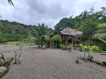 A rustic hut with a thatched roof stands among lush greenery and palm trees on a sandy beach, under a cloudy sky, creating a tranquil tropical scene.