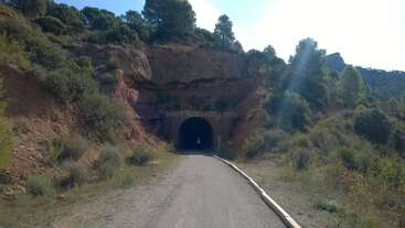 A gravel path leads into a dark tunnel carved through a rocky hillside, surrounded by dense green vegetation and trees under a bright, sunny sky.