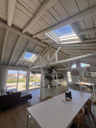 This image shows a bright, airy room with wooden ceilings, large skylights, and big windows. Modern furnishings include tables, chairs, a sofa, and indoor plants.