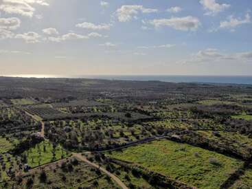 Vast farmland stretches towards the distant sea under a partly cloudy sky. Green fields, scattered trees, and winding paths create a peaceful rural landscape.