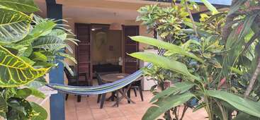 A cozy patio with a hammock, round wooden table, and chairs is surrounded by lush green plants. Partially open shutters reveal a warmly lit interior.