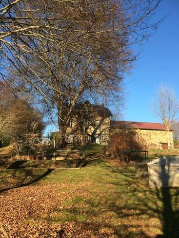 The image depicts a serene rural scene featuring a large tree, a stone house with a red roof, and a clear blue sky on a sunny day.