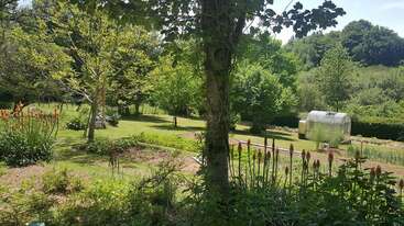 The image depicts a serene outdoor setting, featuring a large garden with a variety of plants and trees, surrounded by a wooden fence, evoking a sense of tranquility and natural beauty.