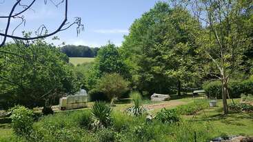 The image depicts a serene outdoor setting, featuring a large garden with a variety of plants and trees, surrounded by a wooden fence, evoking a sense of tranquility and natural beauty.