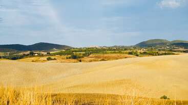Im Vordergrund erstrecken sich goldene Hügel, mit üppig grünen Bäumen und fernen Hügeln unter blauem Himmel – ein friedliches, sonnenbeschienenes Bild einer ländlichen Landschaft.
