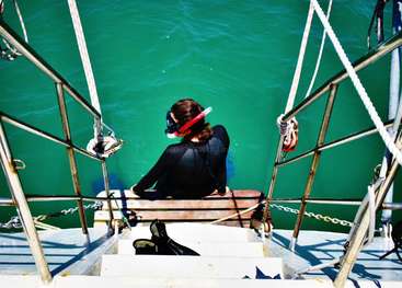 Eine Frau in einem schwarzen Neoprenanzug und Schnorchelausrüstung sitzt auf dem Deck eines Bootes, mit Blick auf das Wasser und mit dem Rücken zur Kamera.